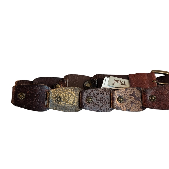 Fossil Metallic Tabs Multi Brown Embossed Leather Fashion Belt Women's Size M - Picture 4 of 9